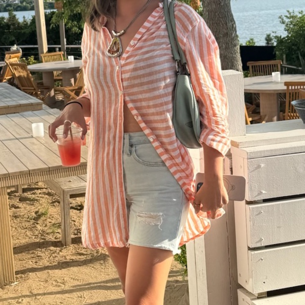 Tahari Vibrant Orange and White Striped Top - Picture 2 of 6